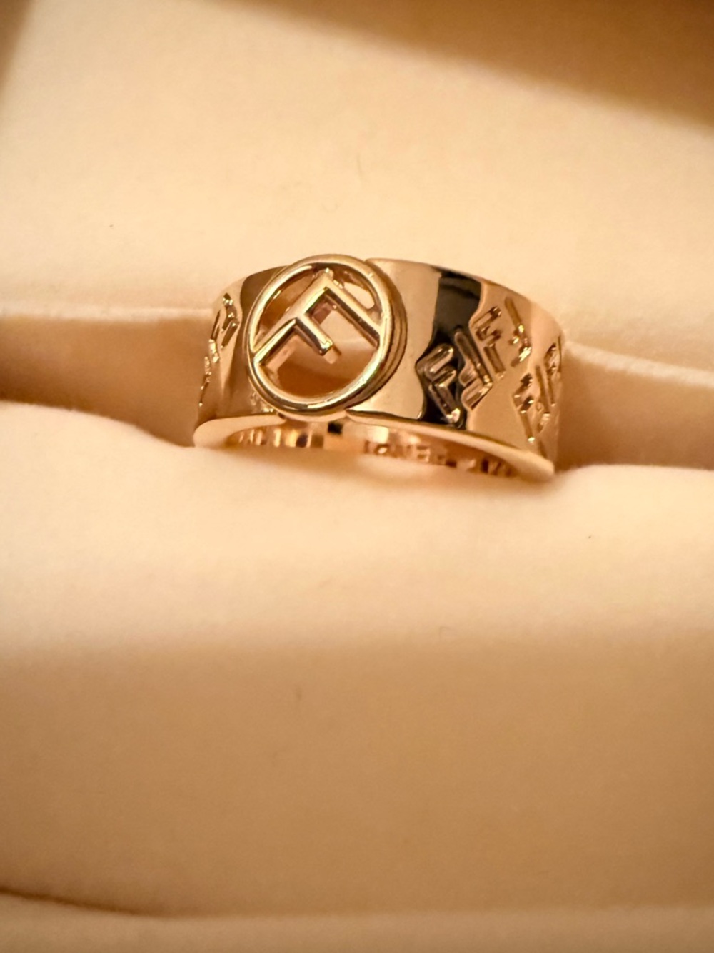 *New* Fendi Gold Tone Logo Ring - Size Small w/ dust bag & box!